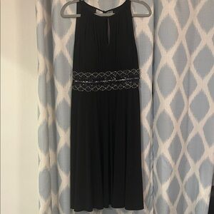 R & M Richards Elegant Black Midi Dress with Sparkling Waist